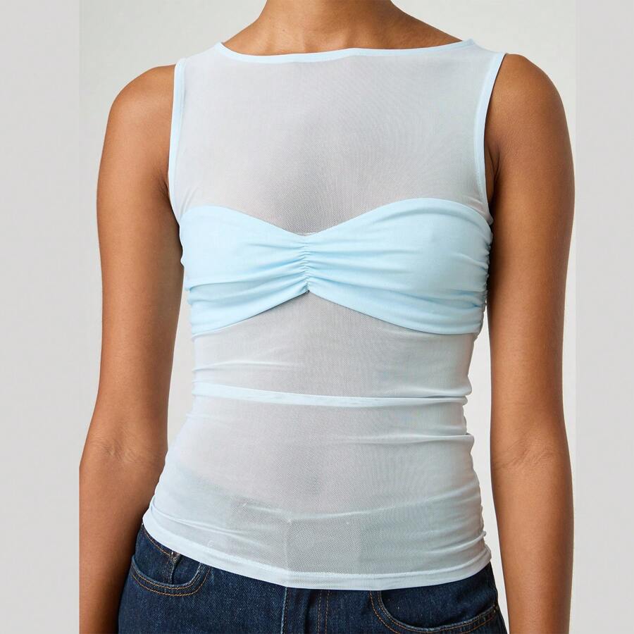 Women's Sheer Mesh Tank Tops Sleeveless Mock Round Neck Solid Color See Through Slim Fit Ruched Halter Vest - Baby Blue - View 1