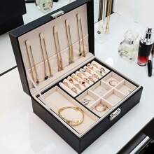 Jewellery Box Jewellery Organiser 2 Layer Earring Storage Organiser PU Leather Lockable Jewellery Case With Key For Necklace Ring Bracelet - Green - View 5