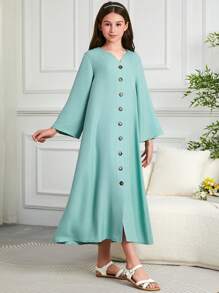 Tween Girl Arabic Retro Style Long Button Down Abaya Dress - Green - View 4
