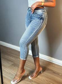 Women Fashion Vintage Washed Denim Pants Small Legs Button-Up Zipper Open Slim-Fit Stretchy Jeans - 淺色水洗藍 - 查看 4