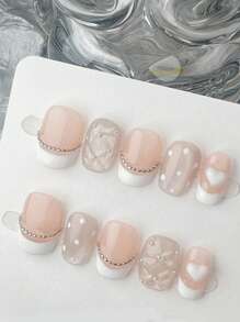 10pcs/Set Square Short Press-On Nails, Creamy Small French Press-On Nail Stickers With Pearlescent Embossed Texture, Heart Rhinestone Nails Gem Nail Accessories Removable DIY Gel Nail Set For Thanksgiving Holidays, Parties, Daily Wear Nail Art Supplies