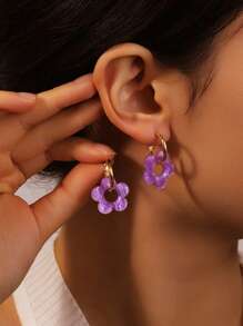 1 Pair Fashion Cute Purple Acrylic Five-Leaf Clover Dangle Earrings, Suitable For Women, Date, Party Gift - Purple - View 5