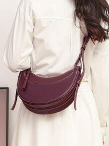 Crescent Shape Saddle Bag For Women, Crossbody Shoulder Bag, Leather Textured Phone Pouch - Burgundy - View 2