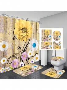 1 Stück / 4 Stücke farbenfrohe abstrakte Blumen Kunstwerke Multifunktions Badezimmer wasserdichter Duschvorhang mit 12 Haken, rutschfeste Badmatte, U-förmige Toilettenvorlage und runde Toilettendeckelabdeckung, Badezimmer Set für alle Szenarien Schulanfang