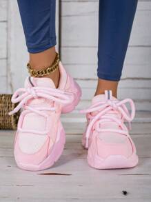 Women's Solid Color Mesh Thick Sole Sneakers, Lace-Up Breathable Running Shoes, Thick Sole Chunky Sneakers