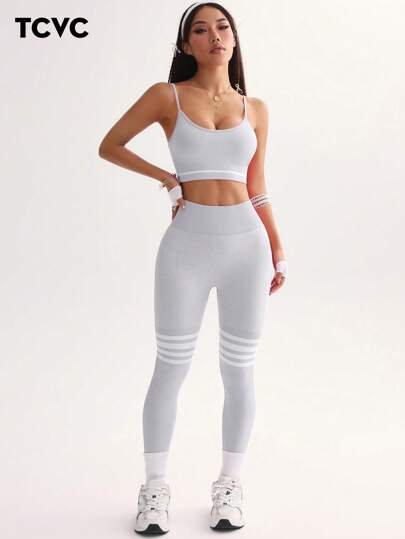 TCVC 女士高弹力运动胸罩和裤子套装，无缝针织，高腰收腹，蜜桃臀，亲肤面料，紧身塑形，休闲百搭，内层，适合所有季节，运动和瑜伽装
