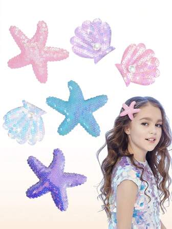 6PCS Girls Shell Starfish Hair Clip Set Glitter Pearls Shell Hair Clips Multicolor Head Pieces Bobby Pins Accessories For Girls