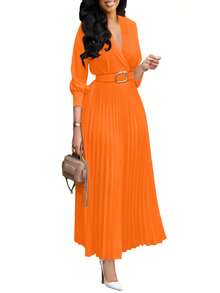 Spring/Summer V-Neck Elegant Lady Large Swing Pleated Dress With Belt, Solid Color - Orange - View 3