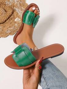 Korean Style Casual Flat Sandals For Women, Summer Open Toe Slip On Flats, Spring/Summer New Woven Roman Style Sandals, Fashion French Style Ladies Sandals Suitable For Dresses, Beach, Apartment, Brown Flat Single Strap - Green - View 4