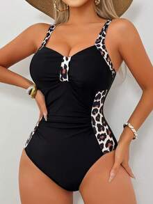 Fashionable One-Piece Swimsuit - Tummy Concealing Beach One Piece Swimsuit, Sexy Color Block Design, Suitable For Swimming, Spa, Vacation, Party & Gatherings Summer - Black + Leopard - View 4