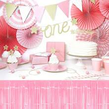 1 Pack Pink Foil Fringe Table Skirt, Pastel Color Pink/ White/ Yellow/ Green Metallic Tinsel Streamers Garland Banner Backdrop For Parade Float, Birthday, Thanksgiving, Christmas, Babyshower Party Table Decorations