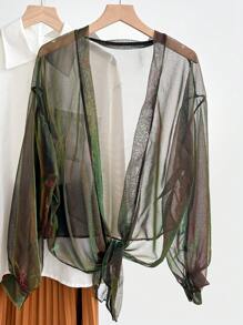 1 peça xale protetor solar decorativo de material chiffon brilhante de cor sólida feminino, cardigan de proteção solar de estilo fofo adequado para primavera, verão, outono, viagens ao ar livre