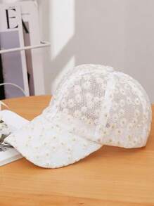 1 件女式春夏雏菊网眼蕾丝花卉印花简约金属标志装饰轻便透气遮阳帽，适合旅行、派对、日常穿着 - 彩色 - 查看 9