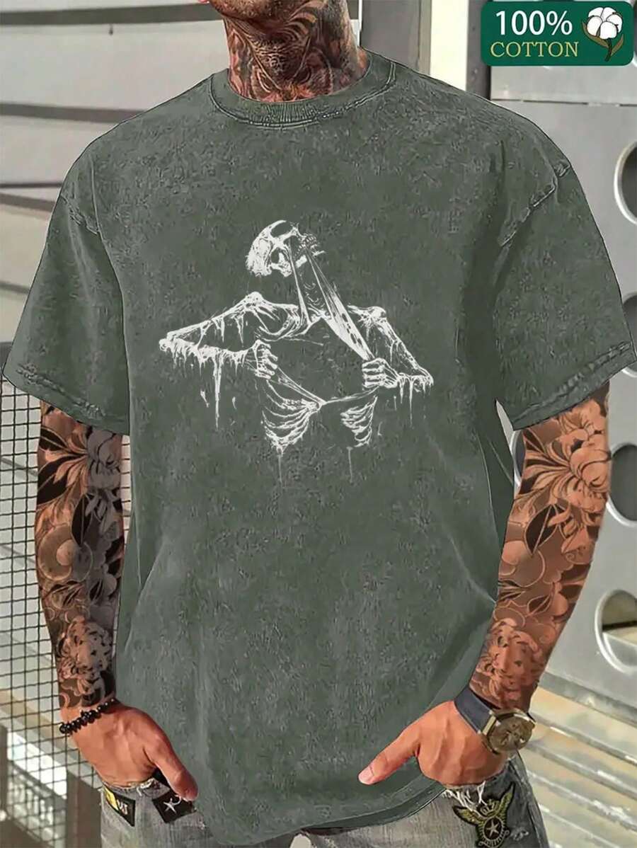 1 Pcs 230gsm New Style Fashionable Graphic Print Mens T Shirts, Individual Crew Neck Short Sleeve T-Shirt For Men - Lightweight & Breathable Washed Cotton Men's T-Shirt For All Seasons Wardrobe - xanh quân đội - Xem 1
