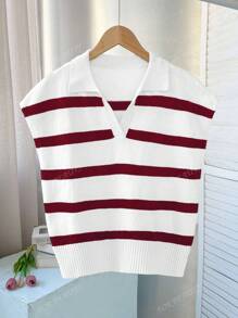 VOOR SCHOONHEID Lente en zomer Nieuwe stijl Revers Retro Gestreepte Kleurblok Mouwloze Gebreide Trui voor Vrouwen, Zakelijke Casual Losse Casual Pullover Top Voor Woon-werkverkeer Zomer Tops Terug naar school