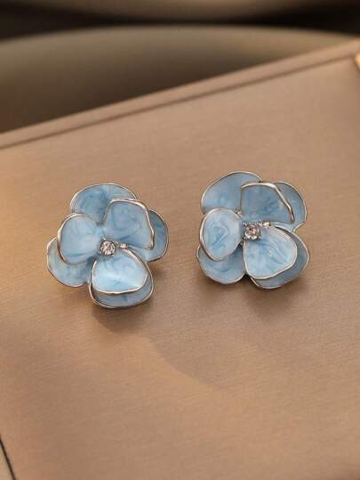 1pair Sweet And Sophisticated Blue Mori Style Flower Stud Earrings, Perfect For Vacation, Parties And Gatherings Valentines