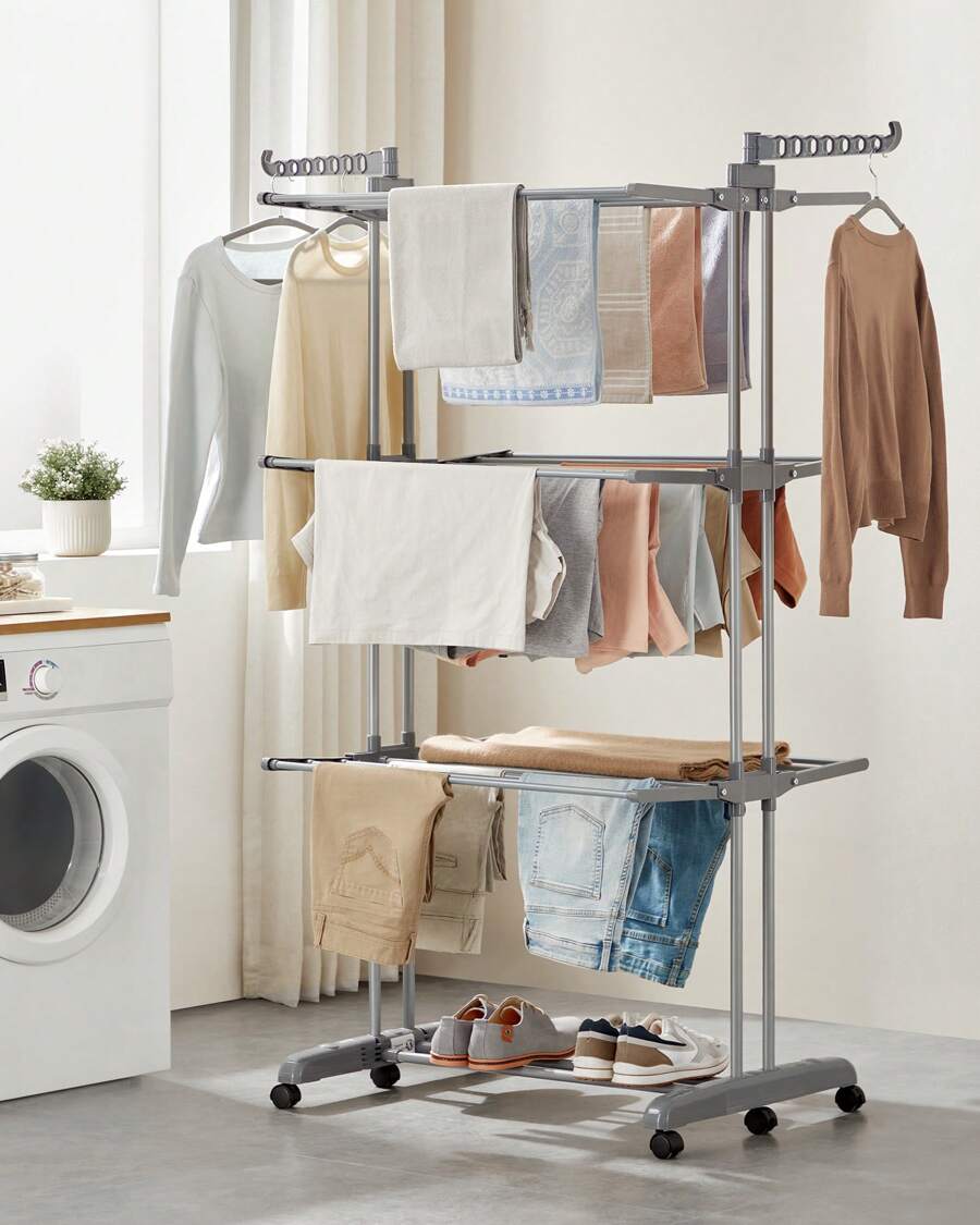 SONGMICS Étendoir à Linge, Séchoir Mobile à 4 Niveaux, avec Roulettes, Pliable, 63,5 x 125,5 x 173 cm, Grande Capacité, Utilisation Intérieure et Extérieure, Gris - Gris - Voir 1