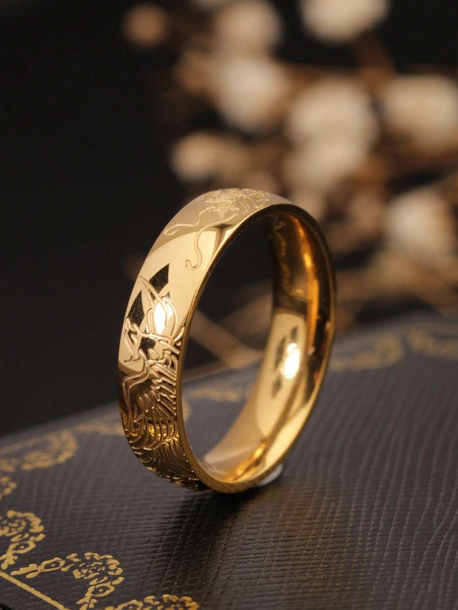 1pc 18K Gold-Color Titanium Steel Carved Closed Ring, Simple Fashionable Versatile Personalized, Suitable For Women's Daily Wear, Party, Gift - Gold - View 1