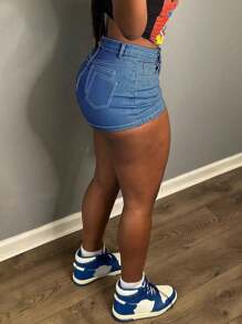 Women Plus Size Tight Fitting Bodycon Mini Skirt, Minimalist & Fashionable, Suitable For Summer - Medium Wash - View 2