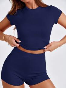 Women's Slim Fit Plain Short Sleeve Casual Shorts Set - Royal Blue - View 4