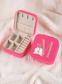 1pc Caixa de joias rosa com flores rosas, caixa de joias de viagem da moda com letras de ouro rosa, caixa de joias de viagem de presente personalizada, presentes de aniversário para mulheres, presentes de Natal para meninas adolescentes, iniciais, caixa de joias de viagem A-Z