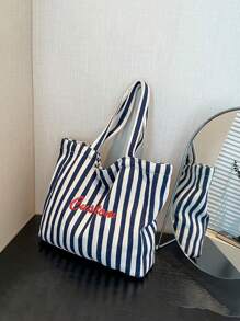 Customized Embroidered Striped Retro Shoulder Bag Slouchy Style Large Capacity Canvas Bag Outdoor Fashion Simple Women's Bag Shopping Bag Large Capacity Korean Edition Classic Retro Stripe Shoulder Bag Simple Sail Bag Wholesale Street Photography Bag Korean New Slouchy Style Fashionable Atmospheric Canvas Bag Large Capacity Shoulder Women's Bag Casual Big Bag - Multicolor - View 3