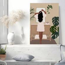 1Pc Framed Wall Art Woman Look At Mirror Canvas Poster Paintings Ideal Gift For Living Room Bedroom Corridor Wall Decor Room Decoration Ready To Hang - 藍色 - 查看 2