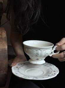 1 pièce Assiette à dessert en porcelaine florale vintage française, bord rose pâle, style antique de haute qualité, retour à l'école