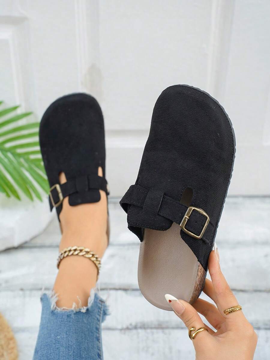 2025 Spring/Summer New Fashion Women Cute Comfortable Thick Sole Sandals, Women Elegant Flat Sandals, Resort Style Beach Shoes, Slip-On Flat Shoes, Suitable For Dresses, Beach Or Apartment, Black, White, Khaki, Brown, Coffee, Beige, Formal Shoes, Holiday Sandals, Bohemian Style Beach Walking Shoes, Flat Loafers, Thick Sole Flat Sandals - Black - View 1