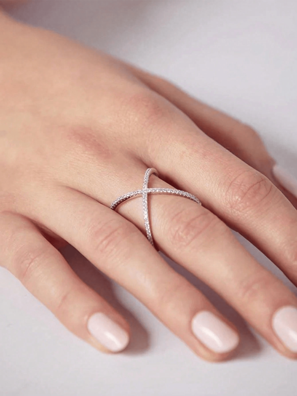 Stylever 1pc X-Shaped Zirconia Ring For Women S925 Sterling Silver Thin Line Interweave Ladies Fine Jewelry Gift For Summer Daily Decor