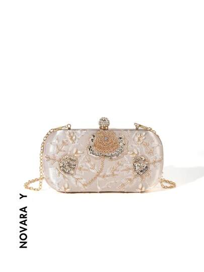 1 件优雅浪漫纯色珍珠串珠水晶装饰派对手拿包适合派对、婚礼、聚会