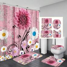 1 Stück / 4 Stücke farbenfrohe abstrakte Blumen Kunstwerke Multifunktions Badezimmer wasserdichter Duschvorhang mit 12 Haken, rutschfeste Badmatte, U-förmige Toilettenvorlage und runde Toilettendeckelabdeckung, Badezimmer Set für alle Szenarien Schulanfang