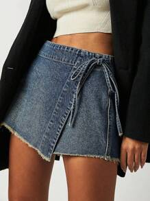 Womens Mini Denim Skort Skirt Mid Waist Mini Dress Side Tie Asymmetrical Jean Skirts Summer Casual Denim Skirt - 深色水洗藍 - 查看 1