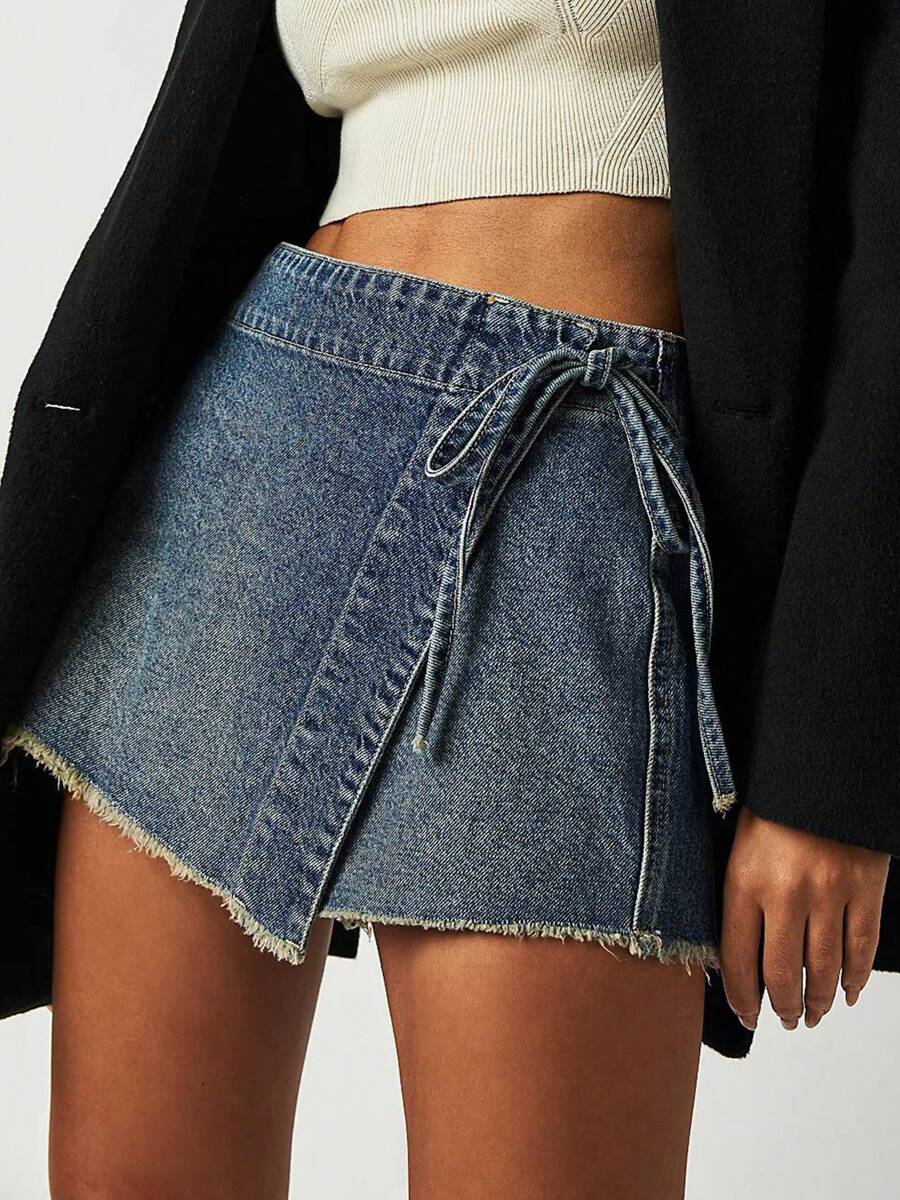 Womens Mini Denim Skort Skirt Mid Waist Mini Dress Side Tie Asymmetrical Jean Skirts Summer Casual Denim Skirt - 深色水洗藍 - 查看 1