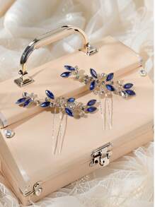 2个优雅藏蓝色水晶水钻闪亮新娘发夹，U型马尾辫配饰，情人节配饰，婚礼发饰 - 寶藍色 - 查看 4