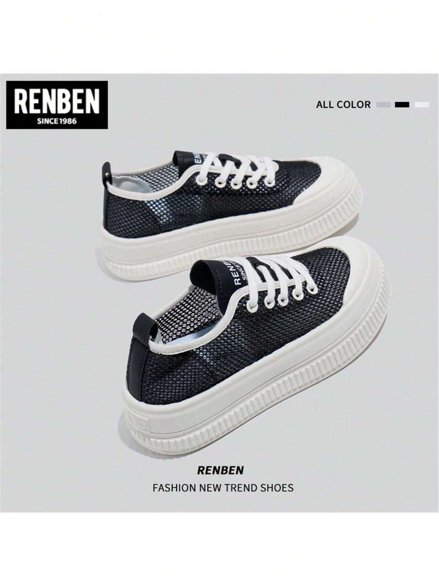 RENBEN 帆布运动鞋女休闲平底鞋复古新款圆头百搭白色鞋子厚底秋季 - 黑色 - 查看 1