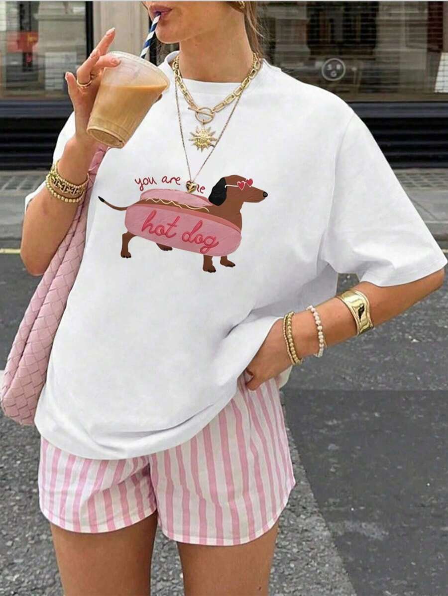 Estampado divertido de perros Camiseta de manga corta oversize de verano para mujer - Blanco - Ver 1