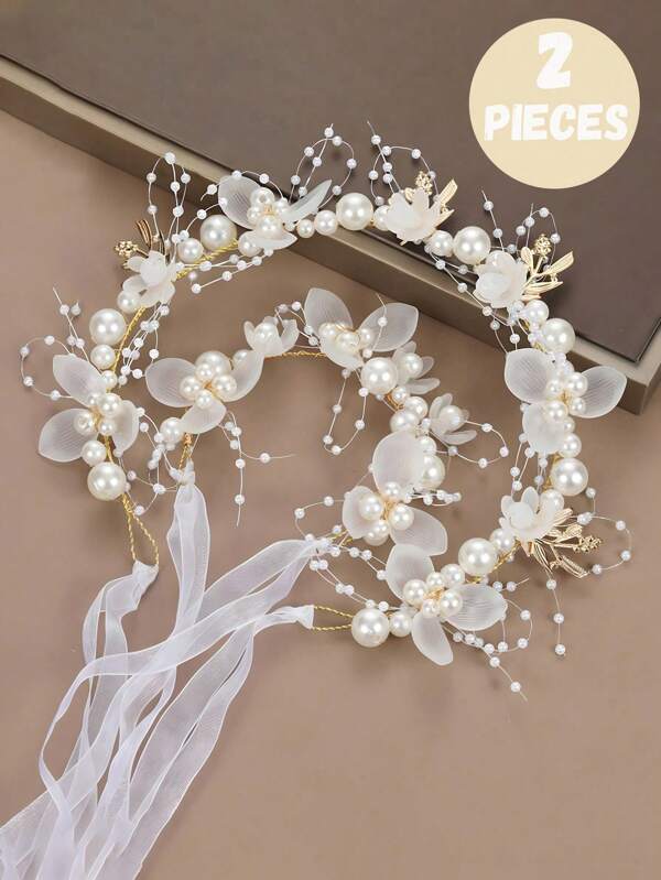 Set di 4 pezzi/2 pezzi/1 pezzo di cerchietti in stile elegante con perle e metallo per ragazze, set di cerchietto e braccialetto con perle per damigella d'onore, set di vestito da fiore da ragazza, adatto per performance, feste, fotografia e danze, un regalo ideale per le ragazze