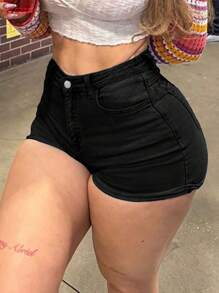 Hàng mới về: Quần short denim cạp cao, ôm sát, nâng ngực, viền gấu cuộn, chất liệu denim co giãn, kiểu dáng Châu Âu và Mỹ. - màu đen - Xem 2