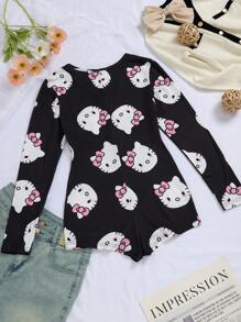 Sanrio 1pc Women Sexy V-Neck Half-Open Front Long Sleeve Printed Romper, Fall, Winter