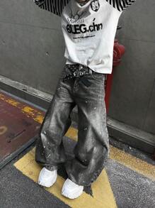 1 chiếc quần jeans nam dáng rộng, phong cách vintage, rách rưới với họa tiết vẩy sơn (Không bao gồm thắt lưng và phụ kiện) - Xám - Xem 4