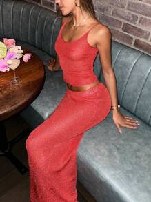 Two Piece Skirt Set For Women - Sexy 2 Pc Bright Silk Skirt Set Sleeveless Spaghetti Strap Scoop Neck Tank Top Bodycon Maxi Long Skirts Sets - Red - View 4