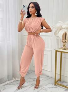Amarilo Women's Casual Solid Shoulder Pad Round Neck Cropped Top & Wide Leg Pants Set - Pink - View 3