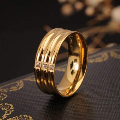 1pc 18K Golden Titanium Steel Wide Ring, Triple Arched Design With 3 Cubic Zirconia Inlaid, Simple Luxury Creative Versatile Ring, Suitable For Women's Daily Wear And Parties/Gifts