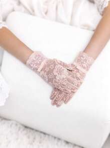 1 Pair Floral Print Lace Bowknot Full Finger Ladies' Gloves, For Party, Wedding, Daily Wear, Spring/Summer/Autumn - View 2
