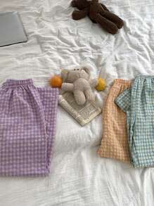 3 piezas de pantalones de pijama rectos, cómodos y holgados de estilo casual a cuadros, en colores caramelo, de algodón delgado para mujer en verano
