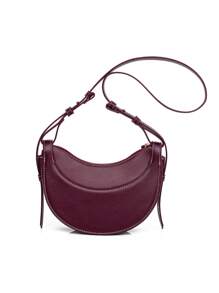 Crescent Shape Saddle Bag For Women, Crossbody Shoulder Bag, Leather Textured Phone Pouch - Burgundy - View 3