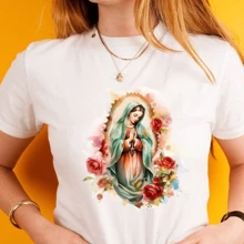 Blusa t-shirt FEMININA cristã,católica VIRGEM DE GUADALUPE,moda casual, plus size baby look colorida - Branco - Visão 1
