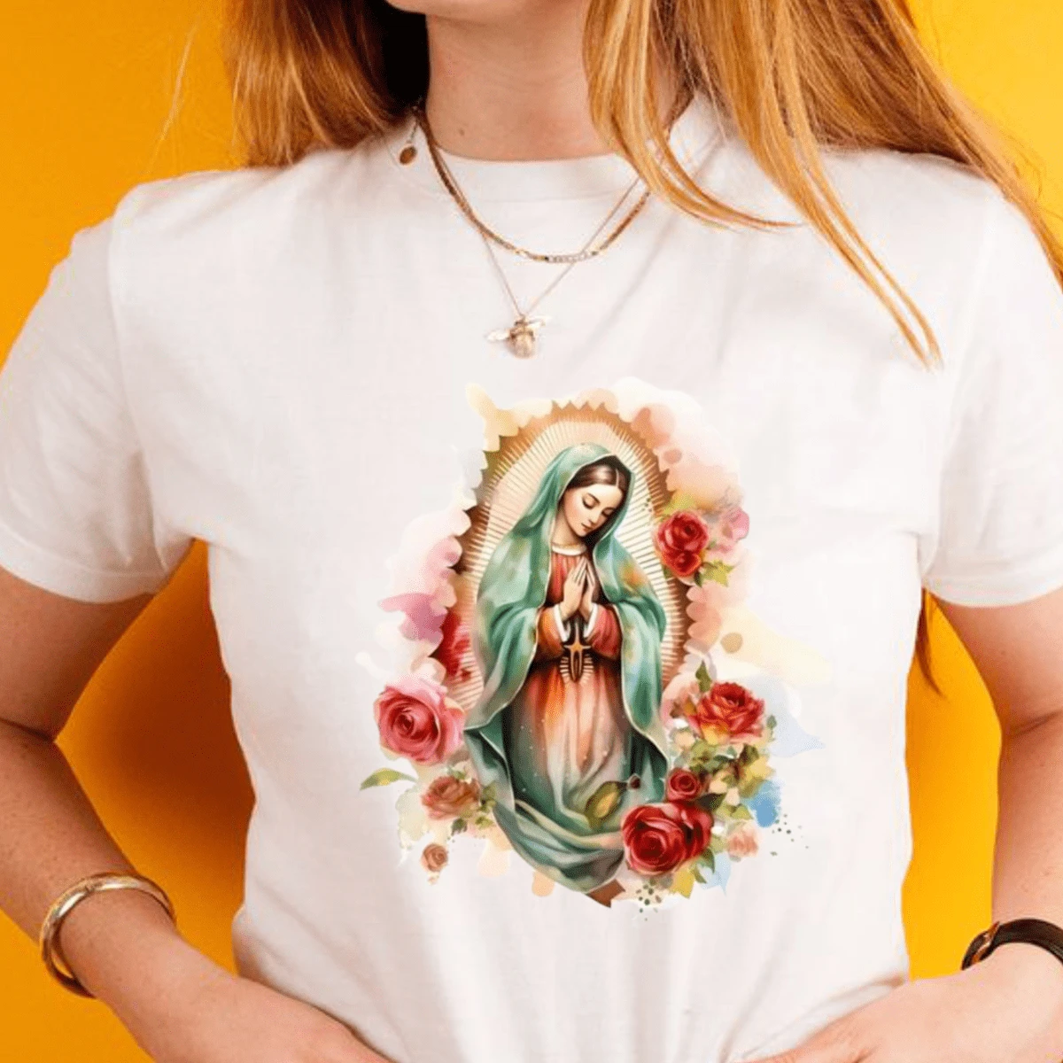 Blusa t-shirt FEMININA cristã,católica VIRGEM DE GUADALUPE,moda casual, plus size baby look colorida - Branco - Visão 1