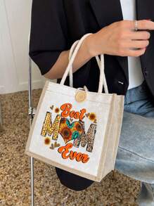 1pc Leopard Floral Mom Print Tote Bag, Best Mom Ever Tote Bag,Portable Shopping Tote Bag,Oh Honey I Am That Mom, Best Gift,Makeup Bag School Supplies,Travel Essentials,Holiday Essentials,Holiday,Suitable For Mother's Day, Wedding Season, Graduation Season,Gifts For Family And Friends,Love You Mom,Floral Mom,Mother's Day,Retro Floral Mama,Western Mom,Leopard Mom,Mama Mom Life,Mom Sublimation,Mom Design - Multicolor - View 3